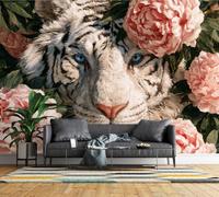 Photo Wallpaper White Tiger Peony Wall Mural Non-Woven Matt | Wipeable Panoramic Mural Wallpaper 200x140 cm Vintage Floral Paste The Wall Art for Living Room Bedroom Home Officec127