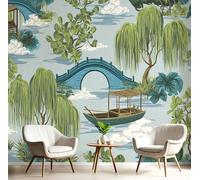 Photo Wallpaper Willow Bridge 200×150cm Wall Murals, China Ancient Landscape Large Non-Woven Wall Art XL Moderne Living Room Bedroom Green