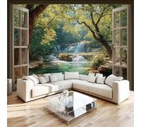 Photo Wallpaper Window View Nature Non-Woven Wall Mural 3D Waterfall Forest Mural Wallpaper for Living Room Bedroom Kids Room Office TV Background Home Decor 450x315 cm H1342