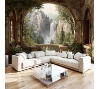 Photo Wallpaper Window View Scenery Non-Woven Wall Mural 3D Waterfall Mountain Mural Wallpaper for Living Room Bedroom Kids Room Office TV Background Home Decor 150x105 cm H1336
