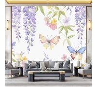 Photo Wallpaper Wisteria Wildflowers Butterflies Print 250 x 175 cm (W x H) - Non-Woven Premium Wall Mural Decoration Poster Design, Watercolor Painting for Living Room, Bedroom, Office