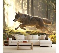 Photo Wallpaper Wolf Animal Forest Moon Flowers 400x280 cm 3D Effects Mural Non-Woven Matte Waterproof Wall Poster TV Background Decorative for Room Living Bedroom Restaurant Office Home Renovation