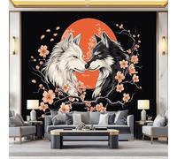 Photo Wallpaper Wolf Cherry Blossoms Red Sun Print 400 x 280 cm - Premium Non-Woven Wall Mural Poster Decoration Design, Japanese Style for Living Room, Bedroom, Office