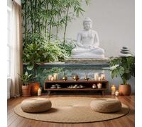 Photo Wallpaper Zen-Inspired Water Features 250x175cm silk Wall Mural|3D Wallpaper Buddha Statue, Bamboo, Water Reflection Mural, Moderne Living Room Bedroom Art Poster Mural Wallpapers Gray-Green
