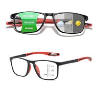 Photochromic Progressive Multifocus Reading Glasses for Men Women, Anti-Blue Light With Spring Hinges Readers, Rectangle Stylish Presbyopia Glasses Anti UV Computer Readers (Black/Red, 1.0x)