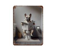 Photograph of A French Bulldog Reading The Newspaper on The Toilet Tin Sign Vintage Metal Pub Club Cafe Bar Home Wall Art Decoration Poster Retro 12x16inch(30x40cm)