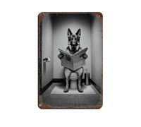 Photograph of A German Shepherd Reading on The Toilet in Black And White Retro Poster Metal Tin Sign Chic Art Retro Iron Painting Bar People Cave Cafe Family Garage Poster Wall Decoration 8x12inch(20x