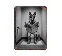 Photograph of A German Shepherd Reading on The Toilet in Black And White Retro Poster Metal Tin Sign Chic Art Retro Iron Painting Bar People Cave Cafe Family Garage Poster Wall Decoration 12x16inch(30