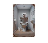 Photograph of A Maltese Dog Reading The Newspaper on The Toilet Retro Poster Metal Tin Sign Chic Art Retro Iron Painting Bar People Cave Cafe Family Garage Poster Wall Decoration 8x12inch(20x30cm)