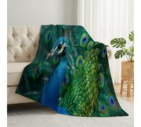 Photography Animals Cozy Printed Throw Blanket for Couch Bed Sofa Office, 300GSM Soft Fleece Flannel Peacock Feathers Blanket for All Season Decor, Blue Green Comfort Warm Blankets,220 x 240 cm