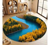 Photography Autumn Forest River Round Rugs 180 cm Area Rug Washable Moisture Barrier Round Carpet, Yellow Soft Non-Slip Low Pile Circle Carpet - Entryway Office Bedroom Living Room Runner