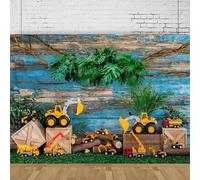 Photography Backdrop Engineering Vehicle Toy Car Blue Weathered Wooden Spring Green Plants Background Birthday Party Poster 350x240CM