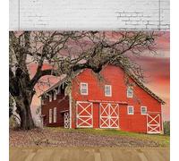 Photography Backdrop Old Rural Wooden Barn Red Farmhouse White Windows Doors Oak Tree Background Portrait Shooting Poster 350x240CM
