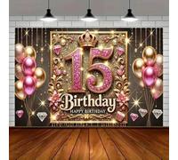 Photography Background Gold Glitter Banner for Princess Girls Happy 15 Years Old 15th Birthday Party Decoration Backdrop