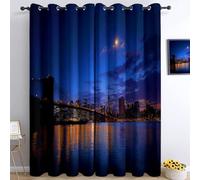 Photography Blackout Curtains 3D Print New York Night View Brooklyn Bridge Eyelet Curtains, Blue Darkening Thermal Insulated Window Drapes For Living Room Bedroom Boys Girls Room 36" W x 84" L