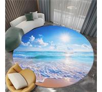 Photography Blue Sky White Clouds Beach Round Area Rug 60 cm Washable Circular Rug, Blue Low Pile Lightweight Indoor Carpet Mat - Kitchen Living Room Bedroom Decoration floormat