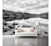 Photography Cloud Layers Decoration Photo Mural 400 x 280 cm | Lakes Forest Rocks Nature Non-woven Wallpaper for wall surfaces in various rooms Black White Wall Mural