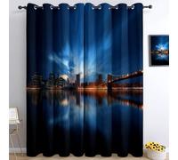 Photography Eyelet Curtains New York Brooklyn Bridge Soft Thermal Insulated Blackout Curtains Blue Ring Top Window Drapes, for Bedroom Living Room 46" W x 72" L 2 Panels