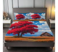 Photography Hut Red Maple Tree And Meadow Printed Fitted Sheets 3 Pieces, 12 Inch Deep Soft Elastic Fitted Bed Sheets Luxury Washable Print Fitted Cover for Mattress, Red And Blue, Double Size