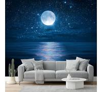 Photography Photo Wallpaper 300 X 210 Cm - Non-Woven Premium Art Print Fleece Wall Mural Decoration Poster Picture Design Modern - Blue Full Moon Sea Night Stars for Kids Bedroom Living Room