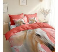 Photography Style Horse Portraits Duvet Cover Set Super King 260 x 220 cm - 3 piece Bedding for All Seasons Coral Pink Duvet Cover, with 2 Pillow ShamsHypoallergenic