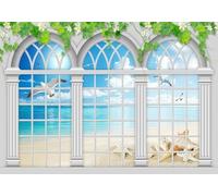 Photography Wallpaper Outside The Window 3D Mural European-Style Roman Columns, Vines, and Seaside Views 250cmx175cm Kids Living Room Bedroom Wood Effect Wallpaper