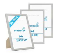 Photolini A4 picture frame 21 x 30 cm silver MDF-wood, pack of 3 poster frames 11.8 x 8.3 inches, shatterproof acrylic glass, for wall & tabletop, including accessories - for photos & posters