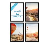PHOTOLINI Picture Frame A4 21 x 30 cm Black MDF Wood, Set of 4 Poster Frames, Shatterproof Acrylic Glass, for Hanging & Standing, Extra Accessories, for Photos, Pictures & Posters