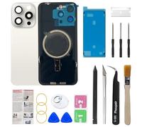 Phoupair OEM Back Glass Replacement Compatible with iPhone 15 pro max 6.7 Inches with Camera Frame and Camera Lens + Professional Repair Tool Kit and Installation Instruction (White Titanium)