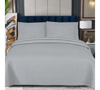PHP Embroidery Bedspread Throw - Solid Thick Embossed Quilted Microfiber Bed Throw Bedspread Coverlet Bedding Set with Pillow Sham for Bedroom Bed Sofa Couch (Embroidery Grey Square, Single)