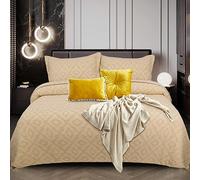 PHP King Size Quilted Bedspread Throw Beige Reversible Embossed Pattern Bed Cover Bedspread Comforter Set - Modern Texture Bedding Set with Matching 2 Pillow Shams