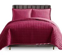 PHP Luxury Quilted Bedspread Bed Throw Warm Embossed Box Pattern Quilt Coverlet Bedspread with Slik Border Bedding Set with Pillow Shams (King, Red)