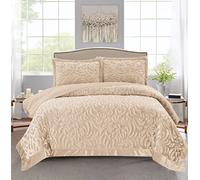 PHP Luxury Quilted Bedspreads 3 Piece Velvet Bedding Double Bed for Bedroom Decor - Super Soft Embossed Pattern Sofa Bed Throws with 2 Pillow Case - Beige