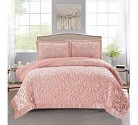 PHP Luxury Quilted Bedspreads 3 Piece Velvet Bedding Double Bed for Bedroom Decor - Super Soft Embossed Pattern Sofa Bed Throws with 2 Pillow Case - Pink
