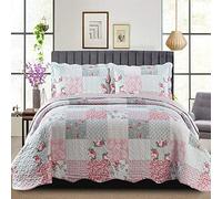 PHP Quilted Bedspreads Patchwork Throw - Box Pattern Cotton Filling Vintage Bedding Double Bed Bedspread - Hypoallergenic Quilt Coverlets Warm Bedding With Pillow Shams Floral Grey Blanket