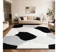 PHP Stylish Large Area Rugs for Living Room - 3D Design Carved Non-Shedding Dense Pile Shaggy Rug for Bedroom Kitchen Carpet Runner Non Slip Floor Mat (Black White Silver -Pona, 120 x 170 cm)
