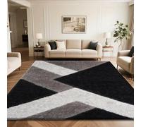 PHP Stylish Large Area Rugs For Living Room - Non Shedding Dense Pile Shaggy Rug For Bedroom Kitchen Carpet Runner Non Slip Floor Mat (Black Grey Silver-Nova, 160 x 230 cm)