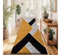 PHP Stylish Long Runner Rugs for Hallways - 3D Design Carved Shaggy Rug for Bedroom Living Room Kitchen Carpet Runner Non Slip Floor Mat (60 x 220 cm, Ochre Grey Silver - Nova)