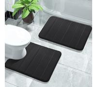 PHP Super Soft Memory Foam Velvet Mat - Modern Design Anti Slip Bath Mat 2 Pieces Sets 50 x 80 cm, 50 x 40 cm Washable Bathroom Door Mat - Black