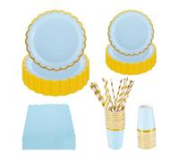 PHUNAT 25-Guests Blue Party Tableware Set - 125PCS Foil Gold Flower Shaped Paper Plates, Cups, Napkins & Straws - Blue Party Supplies for Birthday, Picnic, Wedding, Baby Shower