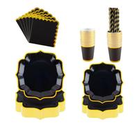 PHUNAT Black with Gold Scallop Edge Vintage Paper Plates Set for 25 Guests | Paper Plates,Napkins, Cups & straw -Classic British Style Paper Tableware for All Saints' Day, New Year, Formal dinner party
