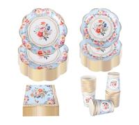 PHUNAT Vintage Party Tableware Set for 30 Guests - Blue Floral Paper Plates Napkins & Teacups - Classic British Style Paper Tableware for Garden Afternoon Tea Party, Baby Shower, Birthday, Wedding