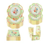PHUNAT Vintage Party Tableware Set for 30 Guests - Green Floral Paper Plates Napkins & Teacups - Classic British Style Paper Tableware for Garden Afternoon Tea Party, Baby Shower, Birthday, Wedding