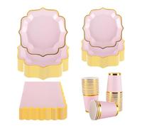 PHUNAT Vintage Party Tableware Set for 30 Guests - Pink with Gold Foil Paper Plates Napkins & Cups - Classic British Style Paper Tableware for Garden Afternoon Tea Party, Birthday, Wedding
