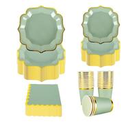 PHUNAT Vintage Party Tableware Set for 30 Guests - Sage Green with Gold Foil Paper Plates Napkins & Cups - Classic British Style Paper Tableware for Garden Afternoon Tea Party, Birthday, Wedding