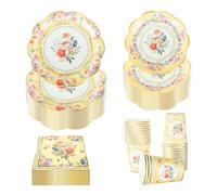 PHUNAT Vintage Party Tableware Set for 30 Guests - Yellow Floral Paper Plates Napkins & Teacups - Classic British Style Paper Tableware for Garden Afternoon Tea Party, Baby Shower, Birthday, Wedding