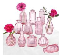 PHUNTTEK Pink Ribbed Glass Vase Set of 12, Modern Oblong Bud Vases for Flowers, Wedding & Home Decor