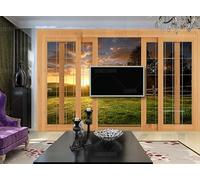 PHVRLG Photo Wallpaper French Window Grassland Sunrise Wall Mural Non-Woven Murals Wall Art Modern Bedroom Living Room Decoration 300Cm(W)*210Cm(H)