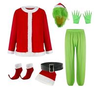 phyfalip Christmas Santa Claus Costume, 7PCS Green Monster Costume Set for Adult Cosplay, L