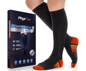 PhysFlex Compression Socks for Women and Men - Best Support for Running, Flying, Pregnancy - Knee High Graduated Compression Stockings, Orange/Foot, Small-Medium